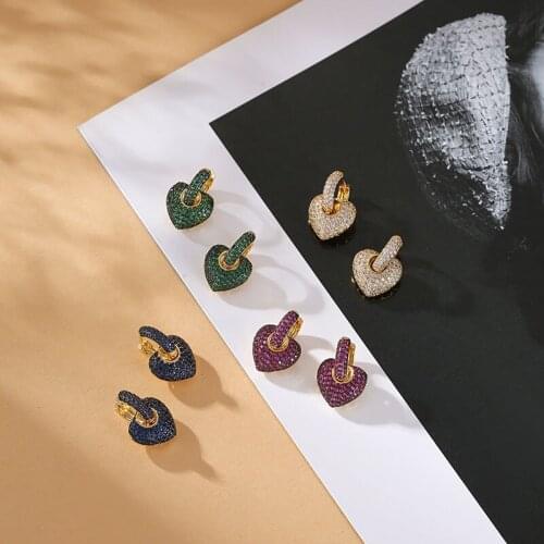 Funmode Trendy Colorful CZ Pave Heart Shape Pendant Small Hoop Earrings For Women Girl Wholesale pendientes rayo relámpago FE85