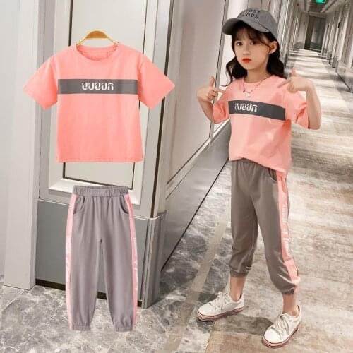 Girls Fashion 2021 Summer Pink Short-sleeve Set Children Clothing Net Red Two-piece Trend