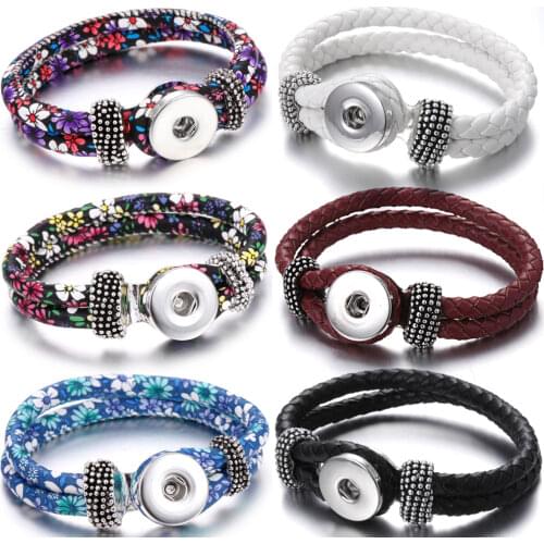 New Snap Jewelry Handmade Braided Leather Snap Button Bracelet Bangles Fit 18mm Snaps Buttons DIY Leather Bracelet Charms