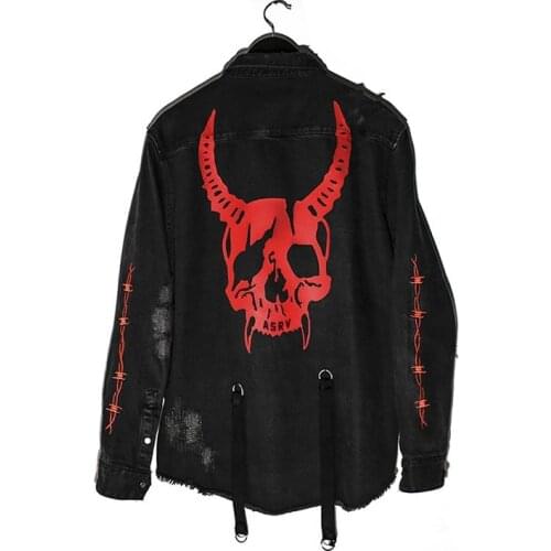 Autumn Men Harajuku Gothic Demon Hunter Skull Denim Jacket Rock Punk Heavy Metal Sweatshirt Sudadera Suspenders Hole Streetwear