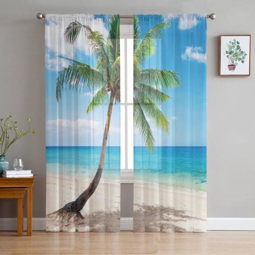Beach Coconut Blue Sky Print Sheer Window Panel Curtains Room for Living Room Bedroom Kitchen Room Chiffon Tulle Curtains