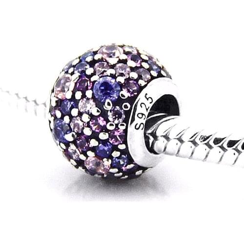 Fits for Pandora Charms Bracelet 925 Sterling Silver Beads Purple & Pink Pave Lights Charm Women DIY Jewelry Making FL031