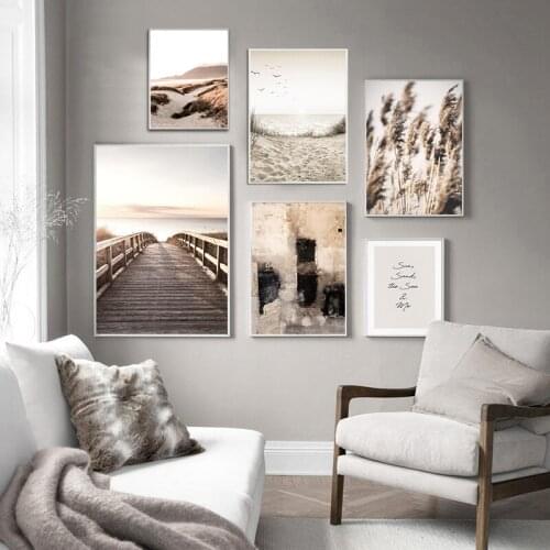 Scandinavian Nature Scenery Painting Grass Bridge Beach Sunset Wall Art Poster and Print Modern Picture canvas art