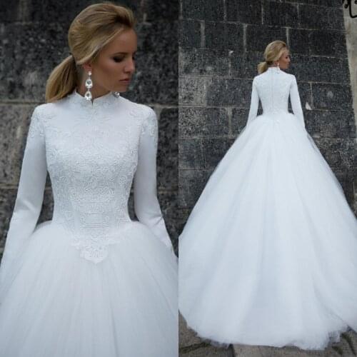 Long Sleeves High Neck Lace Tulle Wedding Dress 2021 Modest Design Ball Gown Bridal Gowns Floor Length Vestido De Noiva Muslim