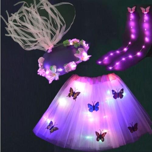 Luminous Light Glow Party Girls Fairy Costume Set Butterfly Tutu Skirt Ribbon Flower Wreath Headband DIY Hair Led Lights String
