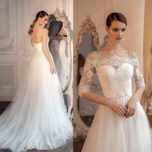 Tulle Beach Wedding Dresses 2021 With Jacket Sweetheart A-Line Beading Long Sleeves Formal Bohemia Boho Bridal Gowns for Bride