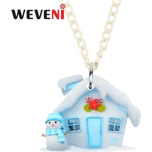 WEVENI Acrylic Christmas Sweet Cartoon Snow House Snowman Necklace Pendant Chain Jewelry For Women Kids Charms Festival Gifts