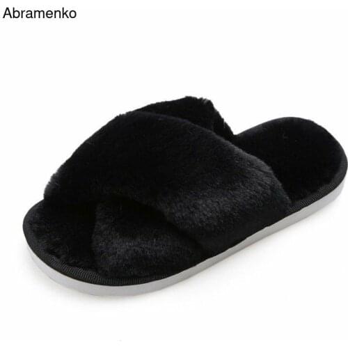 Women Fur Flips Flops Winter Warm Cross Open Toe Shoes Woman Slippers Fashion Female Slides Shoes Woman Flat Slippers Size 33-41