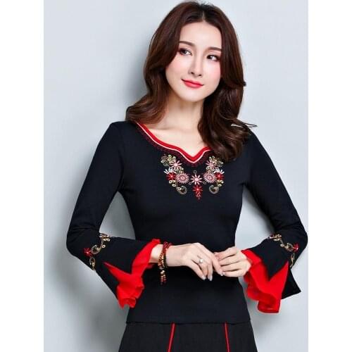 Women Winter Pullover Female Autumn Winter Mexico Style Ethnic Vintage Long Flare Sleeve Black Embroidery T Shirt Top