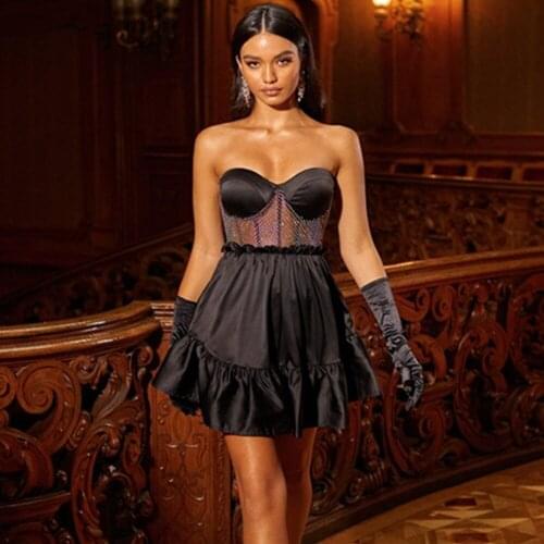 New Summer Legg Women Summer Sexy Strapless Black Diamonds Crystal Mini Pleated Dress Legg Designer Fashion Evening Party Club