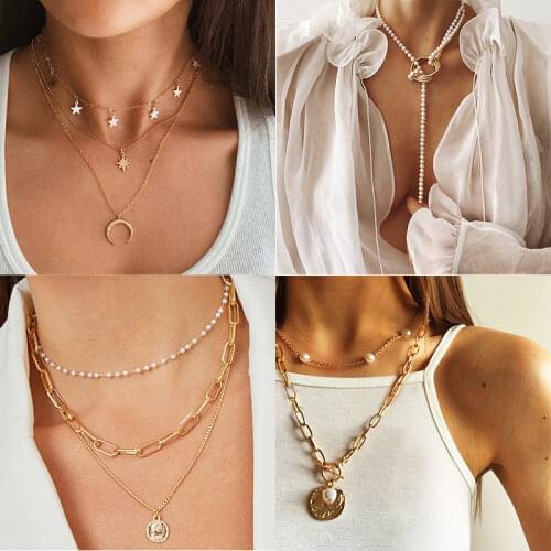 IF ME Vintage Multi Layered Necklace For Women Bohemian Coin Star Moon Geometric Chain Round Pendant Necklace Collar Jewelry New