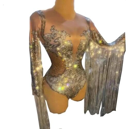 Sparkly Rhinestone Sequin Fringes Bodysuit Women Bodycon Stage Wear Club Dancer Tassel Leotard DS Party Show Dance Costume