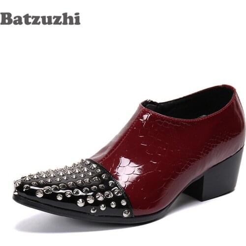 Batzuzhi 6.5cm High Heels Botas Hombre Japanese Type Mens Shoes Pointed Toe Rivets Wine Red Genuine Leather Ankle Boots Men