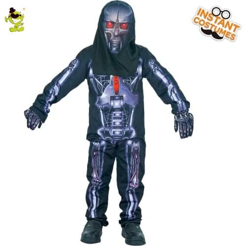 Boys 3D Robot Skeleton Costumes with Printed Bones Kids Hooded Skull Outfits Cosplay Fancy Dress Up for Halloween Party