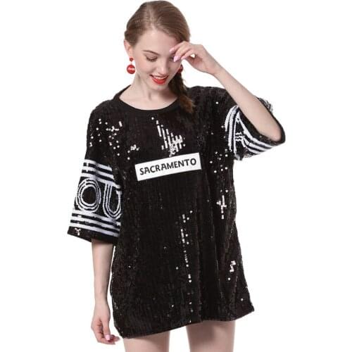 Summer Streetwear Large Size Loose Women T-Shirt Shift Dress KP Letters O Collar Short Sequin Casual Dress Long Shirt Top