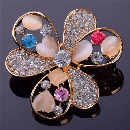 Fashion Luxury Rainbow Crystal Elegant Flower Brooches Opal Gold Color Rhinestone Alloy Plant Brooch Lady Party Pins Gifts