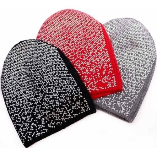 Soft Silver Sequins Wool Kintted bonnets for women Winter Warm hat New Design Ladies Ribbed Knit Beanie Caps Dropshipping
