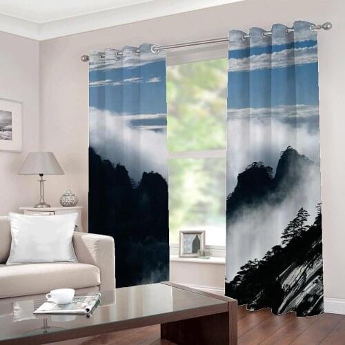 Customized large Curtains with clouds and mist around the forest landscape For living room bedroom Blackout Drapes Indoor Sets