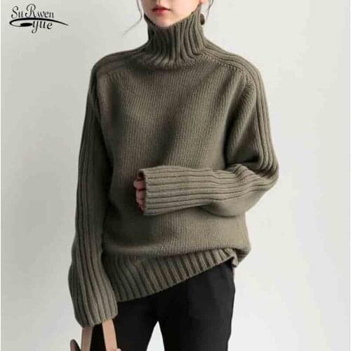 Autumn Winter 2021 New Korean Soft Kniited Solid Sweater Tops Thick Loose Turtleneck Pullover Basic Warm Sweater for Women 16646