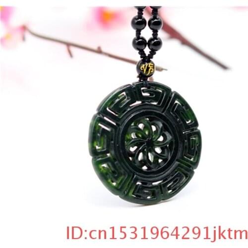 Necklace Jade Carved Pendant Men for Amulet Gifts Flower Natural Obsidian Double-sided Jewelry Chinese Green Accessories Black