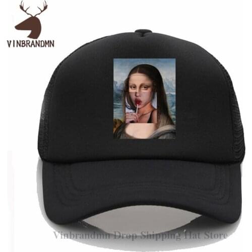 Parody Mona Lisa sucking lollipop Baseball cap Geek Funny Sexy Mona Lisa hat 2021 Summer Latest Design Fashion cool Fishing hats