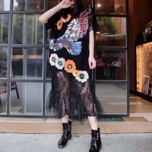 Punk Eagle Embroidery Sequined Shirt Dress 3D Flowers Beaded Mesh Spliced Dress Animal Printed O-Neck Lace Bodycon Dress Vestido