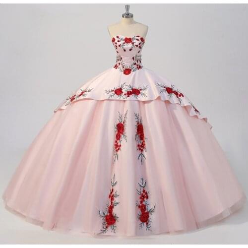 Blush Beaded Strapless Ruffled Mexican Charro Quinceanera Dresses Ballgown Sweet 16 Dress vestidos de festa de 15 anos