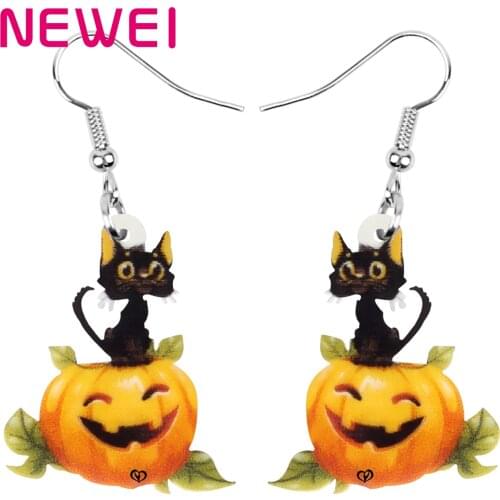 Newei Acrylic Halloween Pumpkin Lantern Cat Earrings Realistic Long Cute Animal Dangle Drop Jewelry For Women Kids Birthday Gift
