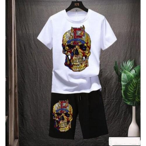 New T-shirt 2 Pieces Sets Tracksuit Printing Men Rhinestones Suit Casual Sports Men Clothes