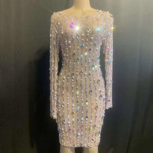 Rhinestones Pearls Mesh Dress Birthday Celebrate Stretch Dress See Through Outfit Singer Prom Party Performance Wear DT1722