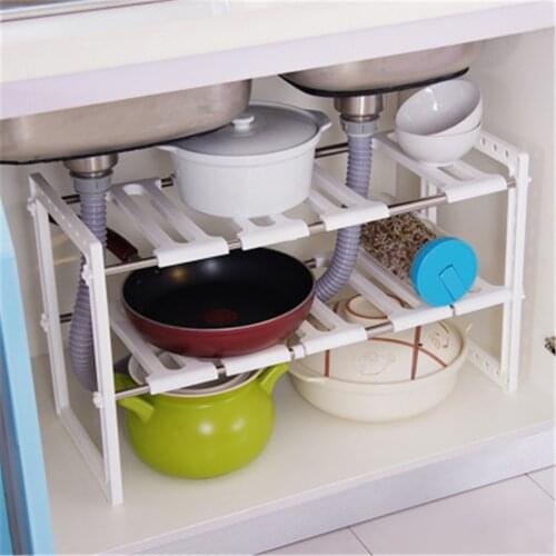 Telescopic Kitchen Under Sink Storage Rack Floor Standing Cabinet Stainless Steel Holder 2 Layer Organizer Multifunctional Shelf