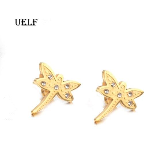 Uelf Stainless Steel Jewelry Cubic Zirconia CZ Dragonfly Earring Wedding Accessory