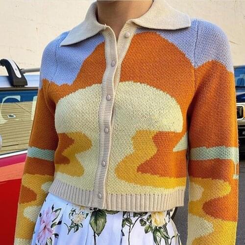 Sunshine Print Short Knitted Sweater Women Autumn Vintage French Style Chic Ladies Fashion Single Breasted Loose Cardigans Femme