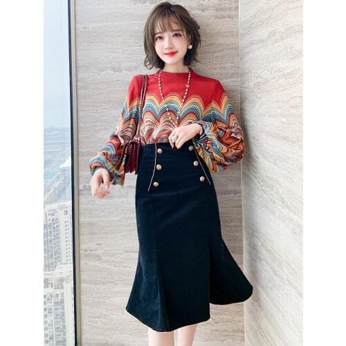 Retro color wave printed shirt+Pearl chain button fishtail skirt suit for women 2021 Spring new High Quality Top Quality