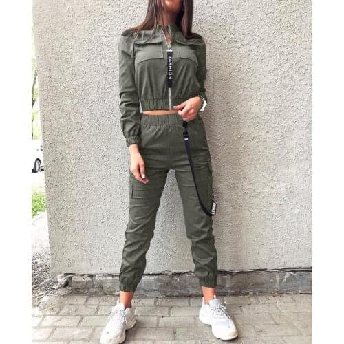 2021 New Women Autumn Spring Set Sportswear Solid Running Casual Zipper Ruched Long Sleeve Coat +Pants Sets Ladies Fashion Suit