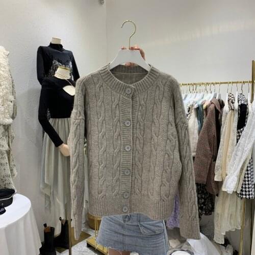 Vintage Twisted Knitted Women Sweater Cardigan Winter Solid Gray Casual All Match Female Outwear Coats Tops