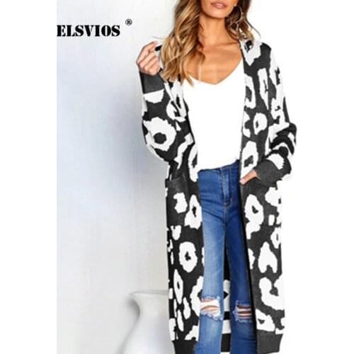 ELSVIOS Autumn Winter Leopard Print Knitted Long Cardigan Women 2018 Casual Style Christmas Pocket Open Stitch Sweater Outwear