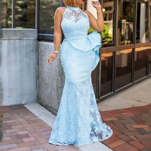 Maxi Summer Blue Lace Sexy Dress Sheer Patchwork Ruffle Irregular African Womens Wedding Evening Mermaid Party Long Nice Dress