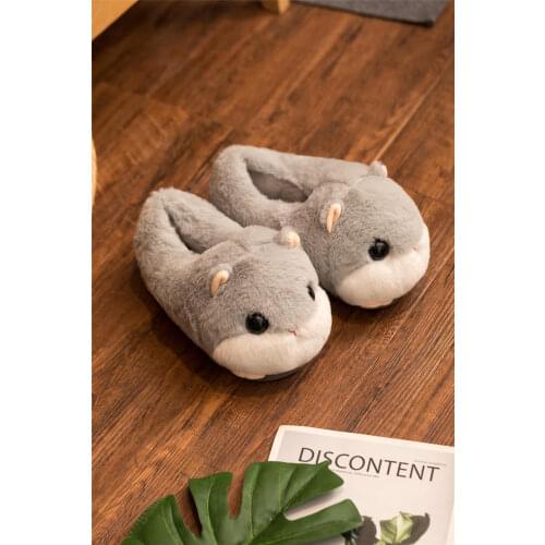 Winter Womens Grey Cute Hamster Warm Home Floor Anti Slip Cartoon Slippers