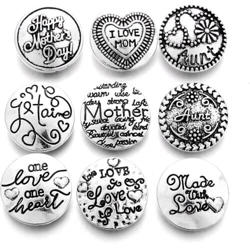 10pcs/lot New 18MM Snap Jewelry 9 Designs Metal Snap Buttons fit 18mm Snap Bracelet Bangle Necklaces For Mother Women Jewelry