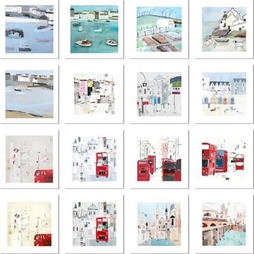 Abstract City and Village Life Landscape Poster and Prints Traffic Bus Watercolour Canvas Painting Pictures for Kids Room Decor