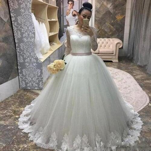 Elegan Lace Princess Wedding Dresses 2020 Long Sleeve Applique Long Sleeve Sashes Corset Back Bridal Gowns Vestidos De Novia