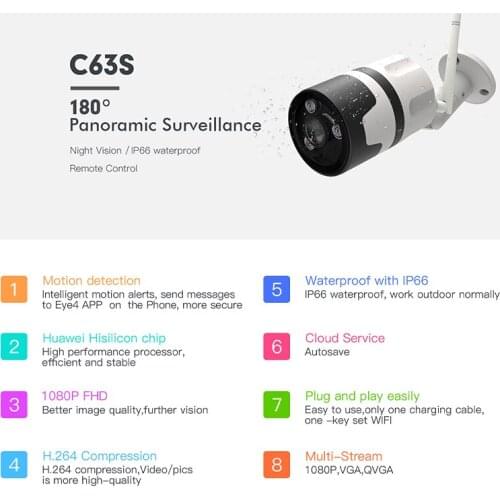 VStarcam C63S 2MP /3MP Panoramic Outdoor CCTV Camera Wifi 1080P 180 Degree Wide-angle Bullet Waterproof Fisheye Security Camera