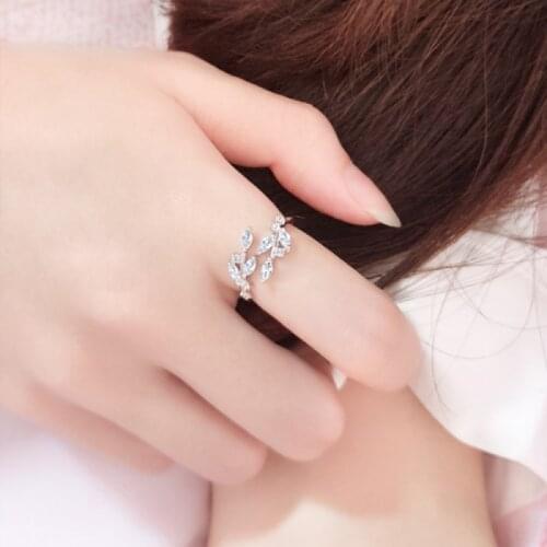 Korean Trendy 925 Sterling Silver Handmade Olive Leaf Rings for Women Exquisite CZ Zircon Adjustable Open Silver Ring Gift R009