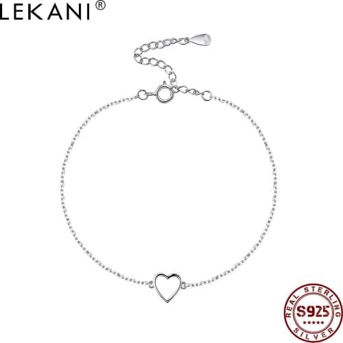 LEKANI Genuine 925 Sterling Silver Bracelet For Women Simple Romantic Heart Link Chain Bracelets Statement Jewelry Accessories