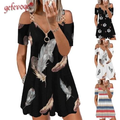 Summer Womens Clothing 2021 Sexy Off Shoulder Print Dresses V-Neck Zipper Robe Casual Short Sleeve Loose Party Midi Dress Femme