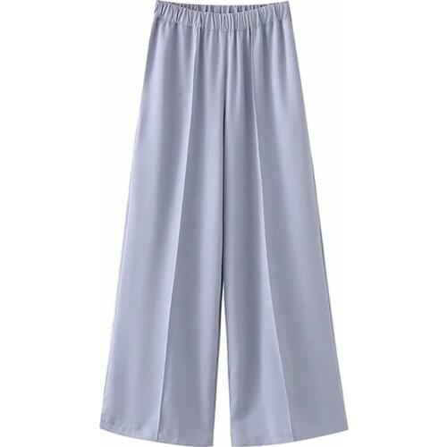 Merodi Women 2021 Summer Casual High Waist Blue Suit Long Pants Chic Lady Elegant Elastic Waist Wide Leg Pants
