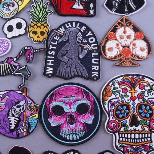 Fashion Skull Patch For Clothing Punk Patches For Clothes Black Letter Embroidered Patch On Cloth Jacket Badges Apparel Stripe