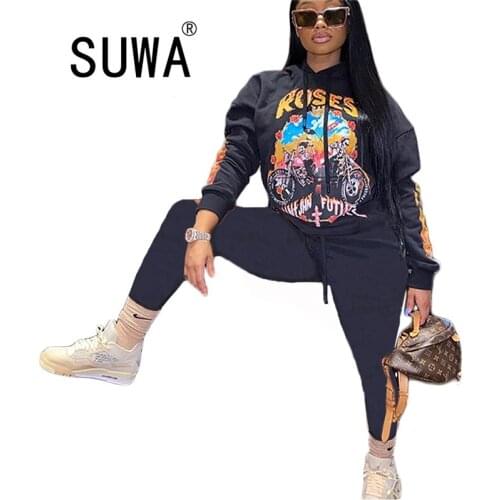 Fashion Classic Black Two Piece Outfits For Women Printed Hoodies Sweatshirt Jogger Sport Pants Fall Winter Matching Sets