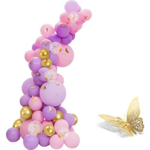 Pastel Pink and Purple Balloons Garland Arch Kit with gold butterfly stickers for Girls Birthday Party New Years Day Decoration